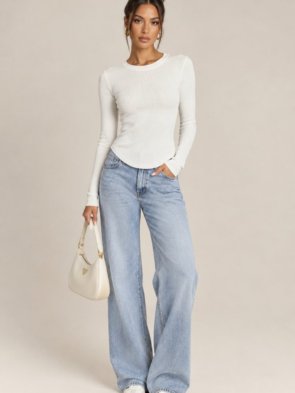 Zara White Ribbed Knit Long-sleeve Top
